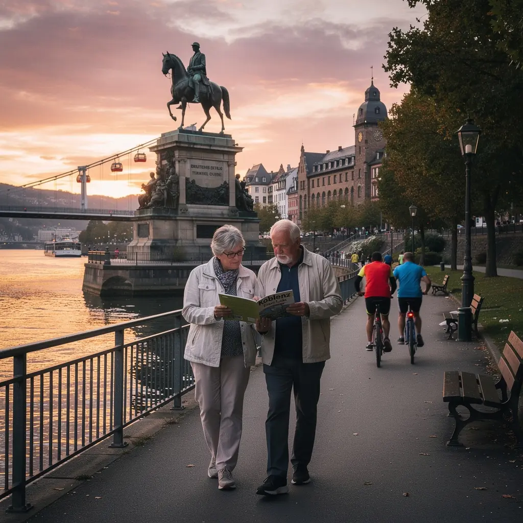 Eine Familie erkundet eine malerische Altstadt mit historischen Gebäuden und gemütlichen Cafés.